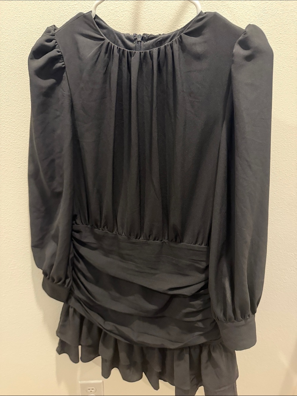 TCEC Black Mini Dress with  Puff Long Sleeves and Ruffled Hem